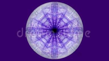 <strong>暗紫色</strong>背景上带有<strong>紫色</strong>分形图案的球体.. 隧道运动呈白色圆形。 美丽的视频